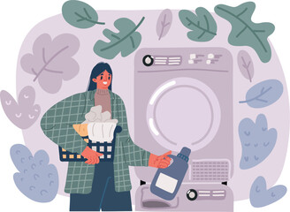 Vector illustration of Woman Washing Clothes. Washing machine behind