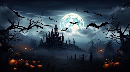 Background for Halloween featuring pumpkins Dracula castle and flying bats against full moon