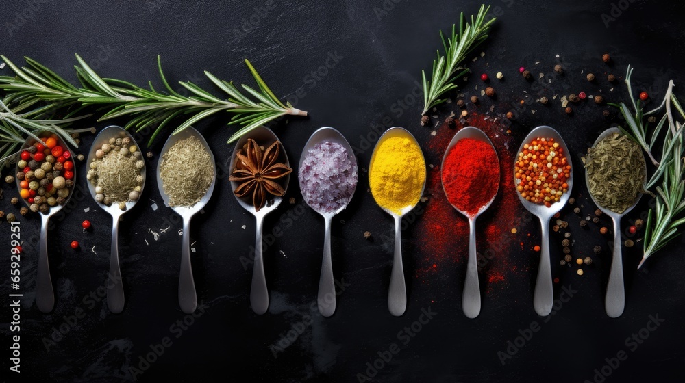 Aufkleber Assorted vibrant spices on a black slate background Top view