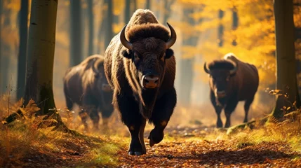 Fotobehang Autumn scene in Bialowieza NP Poland Wildlife with European bison in their natural habitat amidst yellow leaves © vxnaghiyev