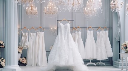 Browsing bridal shop for white wedding dresses