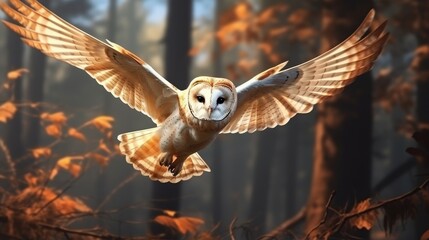 Barn Owl flying in forest wildlife scene