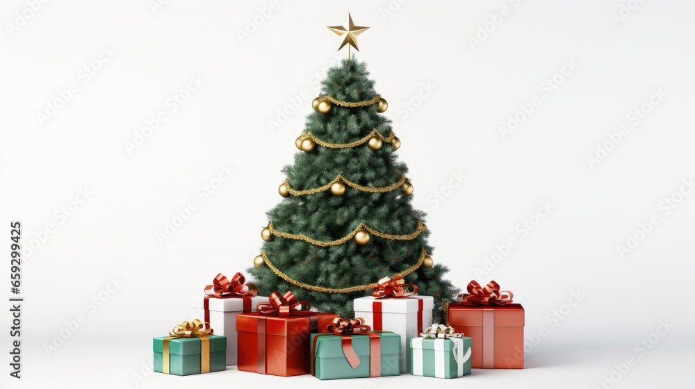 Poster 3d rendered christmas tree with presents on white background and copy space