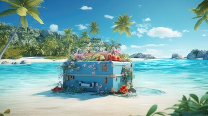 3D rendering of a unique travel idea a summer beach with a large suitcase on an island - obrazy, fototapety, plakaty
