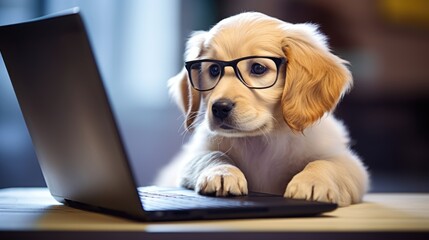 Cute dog in front of laptop exploring online world - obrazy, fototapety, plakaty