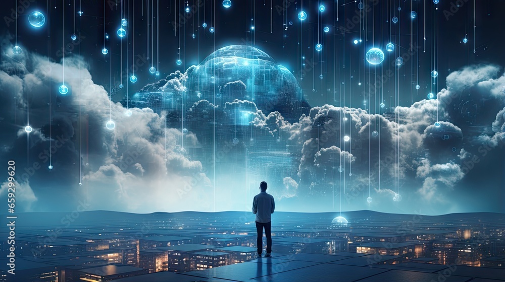 Aufkleber Cloud computing network cyberspace The future of technology 5G and global business working towards saving the world with an automated and programmable infrastructure as a businessman connects t