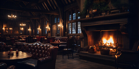 cozy interior of an English pub with dim lighting, wooden beams, and a roaring fireplace - obrazy, fototapety, plakaty