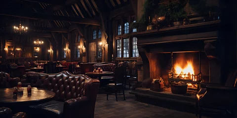Fotobehang cozy interior of an English pub with dim lighting, wooden beams, and a roaring fireplace © zunaira