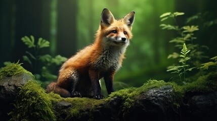 Cute red fox Vulpes vulpes in the green forest