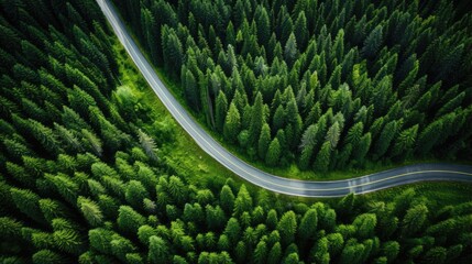 Drone captures winding road in summer forest wilderness