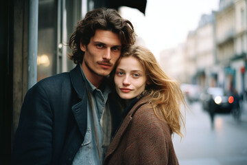 Young beautiful romantic couple hugging  smile and walk on the streets of Paris, look at the camera