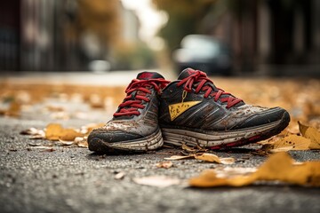 Dirty running shoes after running in an autumn park