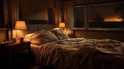 Cozy bedroom prepared for visitors with gentle illumination