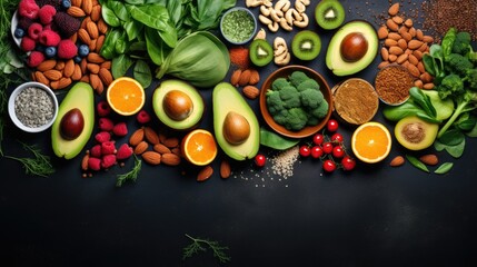 Assorted superfoods for a balanced diet on a dark background