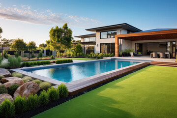 aerial view of A contemporary Australian home with a big grass yard and a pool - obrazy, fototapety, plakaty