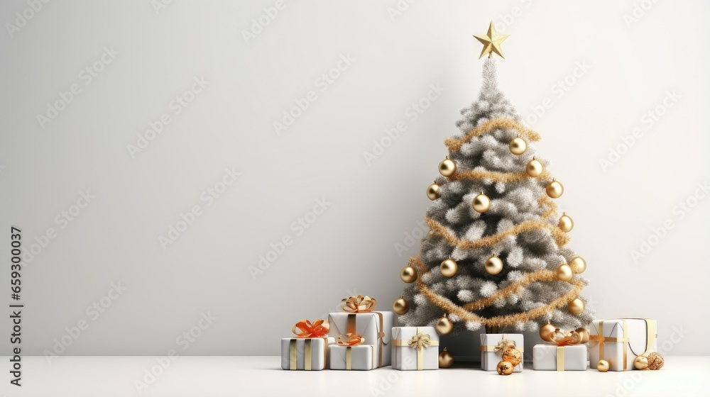 Poster 3d rendered christmas tree with presents on white background and copy space