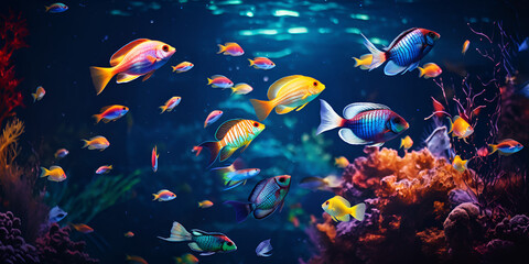 Fototapeta na wymiar A fish tank with a blue background and a coral reef in the background.
