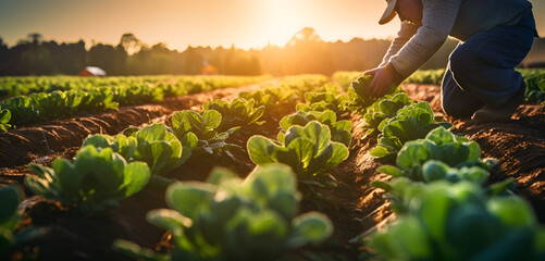 Farmer in the countryside is picking vegetables in the vegetable plot in the morning. Agriculture industry concept. - obrazy, fototapety, plakaty