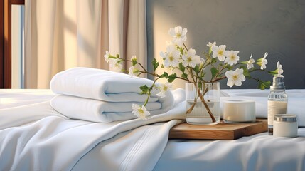 Cozy elegant hotel room with a welcoming white towel and flower near the pillows of a bed with white sheets
