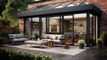 Contemporary sunroom or conservatory in the garden with a paved patio - obrazy, fototapety, plakaty