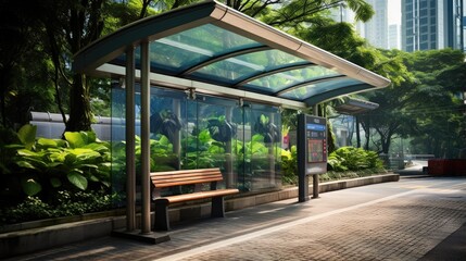 Bus stop in Singapore with double decker public transport