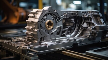 Close up of a 3D printed metal model of a large industrial part Modern additive 3D printing in an industrial factory