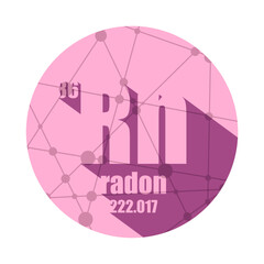 Radon chemical element. Sign with atomic number and atomic weight with long shadows. Chemical element of periodic table. Molecule and communication background. Connected lines with dots.