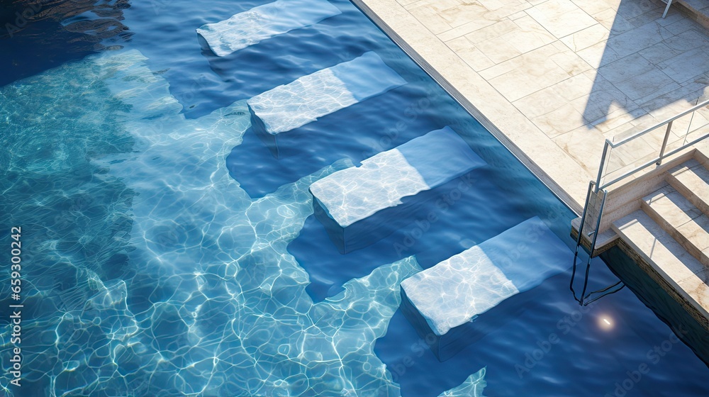 Aufkleber Bird s eye view of rectangular pool with transparent water stairs and cobblestone poolside