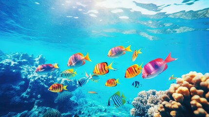 Fototapeta na wymiar Colorful underwater world with coral reef a vibrant shoal of tropical fish ideal as background wallpaper with space for text