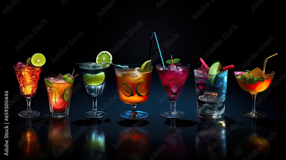 Poster Classic drink menu concept featuring a variety of cocktails served on a dark background viewed from the front