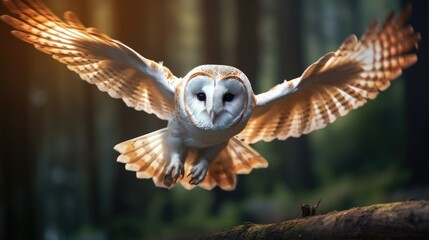 Naklejka premium Barn Owl flying in forest wildlife scene