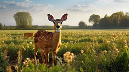 Rolgordijnen Buck Roe Deer in Surrey field © vxnaghiyev