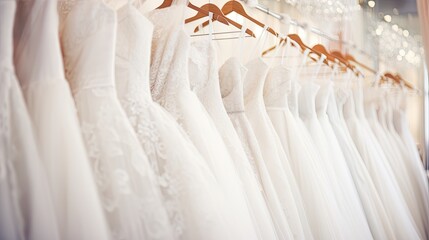 Browsing bridal shop for white wedding dresses