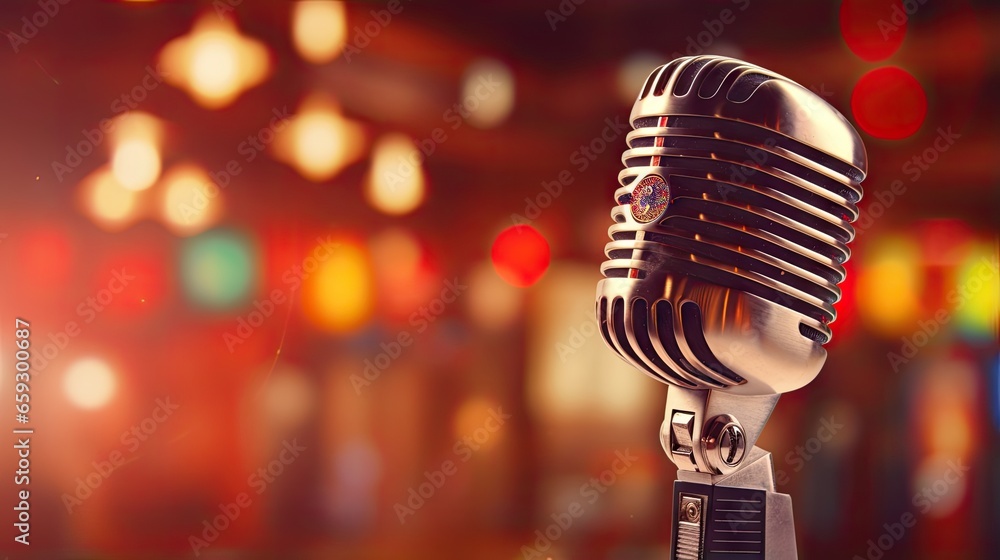 Poster Blurry colorful lighting in the background of a pub and restaurant with a retro microphone