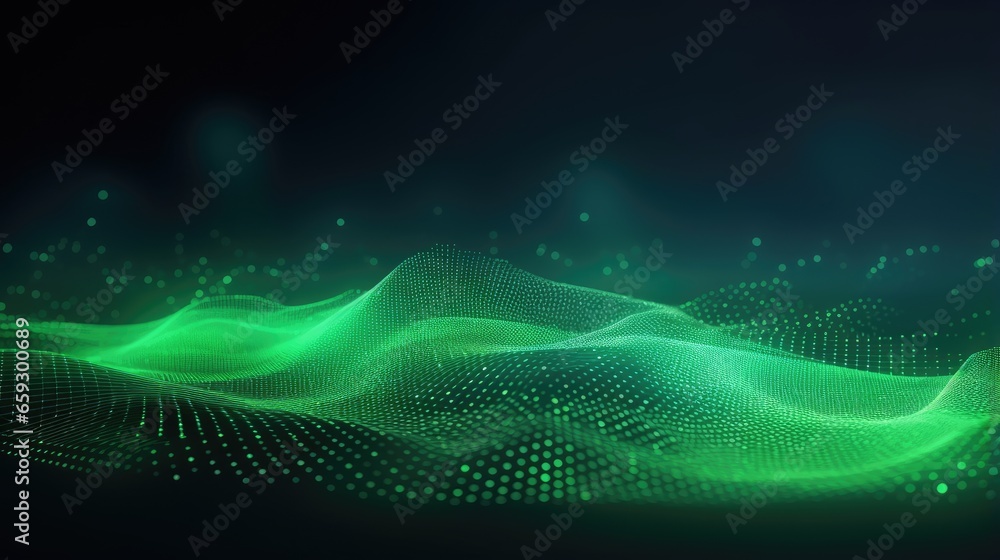Poster Abstract digital background with a screen gradient texture in green and a wave of light 3D rendering