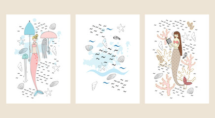 Vector posters with mermaid. Arrangements on a white background.