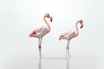 Flamingos standing alone on a plain white background. Generative AI