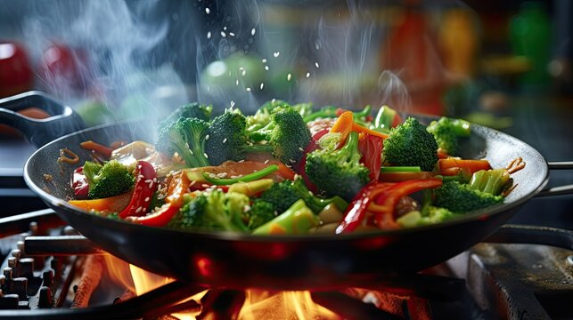 Asian style vegetarian cooking with steamed mixed vegetables in a wok emphasized close up