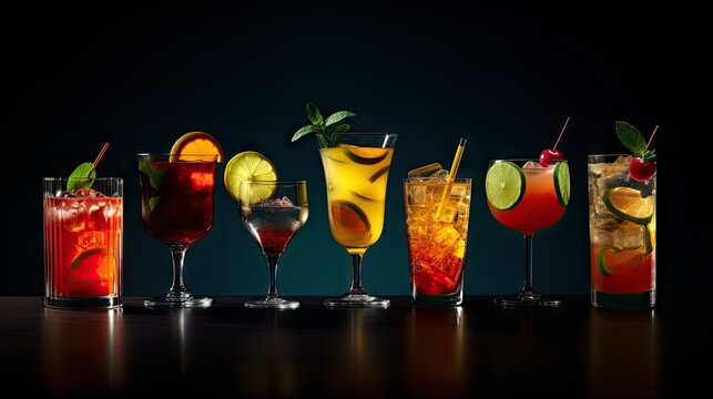 Classic drink menu concept featuring a variety of cocktails served on a dark background viewed from the front