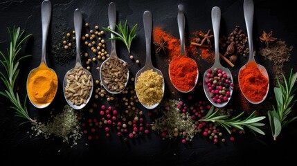 Assorted vibrant spices on a black slate background Top view