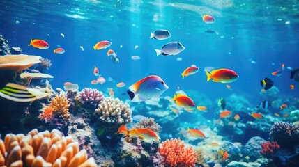 Colorful underwater world with coral reef a vibrant shoal of tropical fish ideal as background wallpaper with space for text