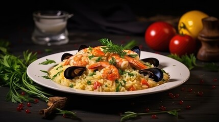 Delicious and healthy Mediterranean seafood risotto on a white plate