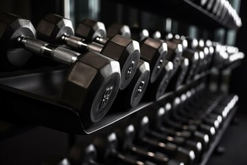 Rack of metal dumbbells for strength training in gym. Generative AI