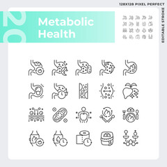 2D pixel perfect black icons pack representing metabolic health, editable thin line illustration. - obrazy, fototapety, plakaty
