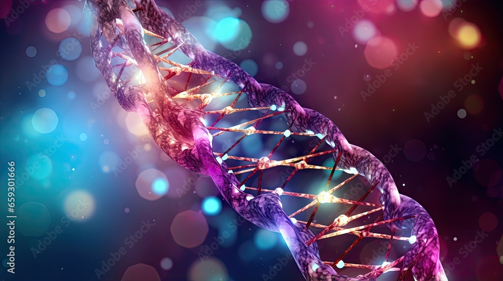 Poster abstract scientific illustration depicting genetic engineering and gene manipulation with dna struct