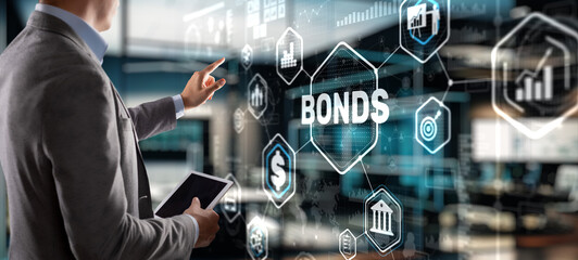 Businessman clicks inscription bonds. Bond Finance Banking Technology concept