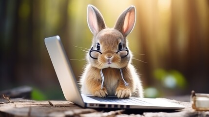 Cute bunny rabbit using laptop and alarm clock on wooden surface learning online with glasses on in nature surroundings Easter and technology learning concept