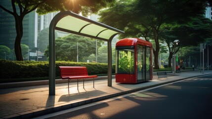 Bus stop in Singapore with double decker public transport - obrazy, fototapety, plakaty