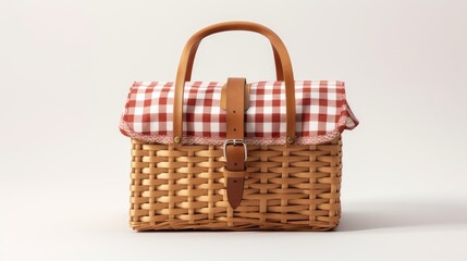 A wicker picnic basket with gingham cloth on white
