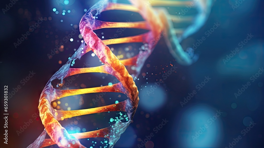 Poster abstract scientific illustration depicting genetic engineering and gene manipulation with dna struct